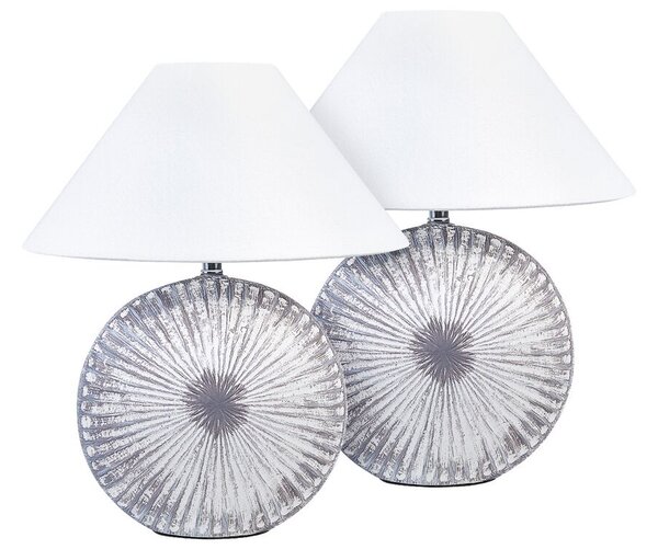 Set di 2 Lampade da tavolo in ceramica lino grigio bianco base 38 cm paralume  tessuto scrivania classica Beliani