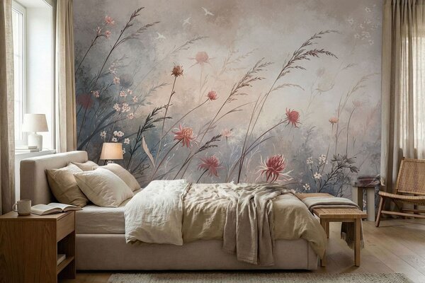 Carta da parati Delicati fiori di campo in un paesaggio nebbioso dai toni pastello, Carta da parati Acquerello, w05538 : Uwalls.it