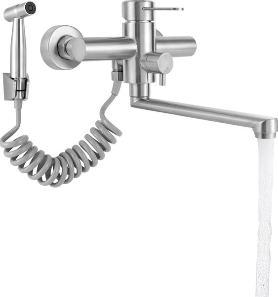 Rubinetto da cucina a parete, miscelatore per acqua calda e fredda, funzione spray, argento