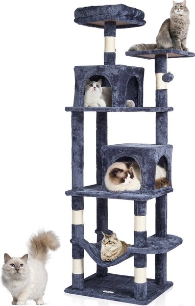 VEVOR tiragraffi per gatti domestici, torre per gatti da 160 cm con 2 casette per gatti, tiragraffi in sisal, amaca, posatoio in cima, piattaforme per saltare, grande centro attività per gatti con palla sospesa, grigio scuro