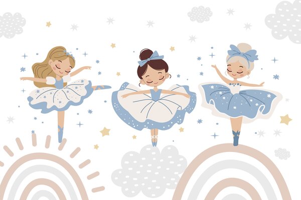 Carta da parati Gruppo di ragazze con tutù blu e bianchi, Carta da parati per Bambini, Carta da parati popolare, w04864v1 - Tapeko.it