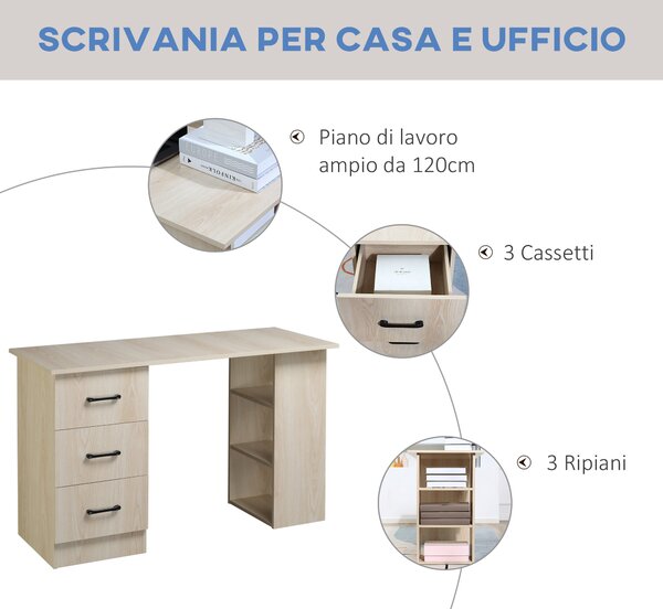 HOMCOM Scrivania Porta PC con 3 Cassetti e 3 Ripiani, Scrivania per Camera e Ufficio in Legno 120x49x72cm|Aosom