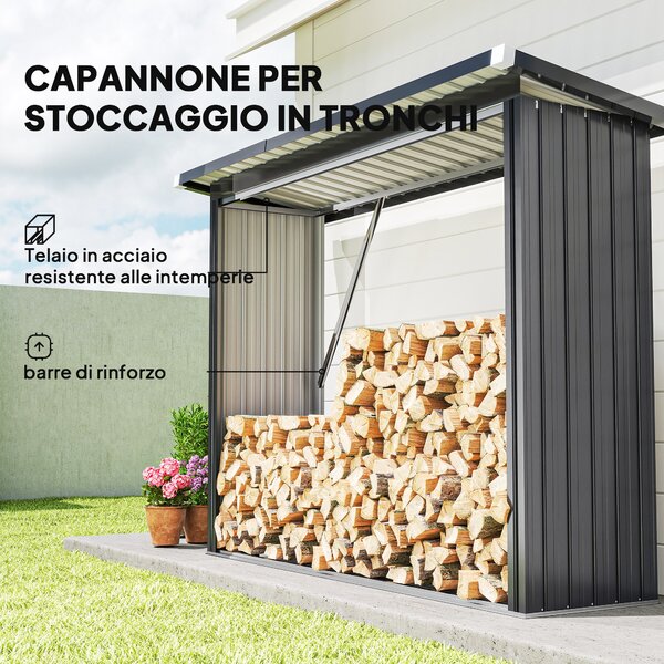 Outsunny Capanno Portalegna in Acciaio da Esterno, Base Rialzata e Tetto Inclinato, 213x66.5x150 cm, Grigio Scuro | Aosom Italy