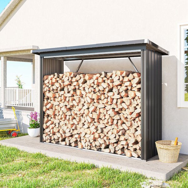 Outsunny Capanno Portalegna in Acciaio da Esterno, Base Rialzata e Tetto Inclinato, 213x66.5x150 cm, Grigio Scuro | Aosom Italy