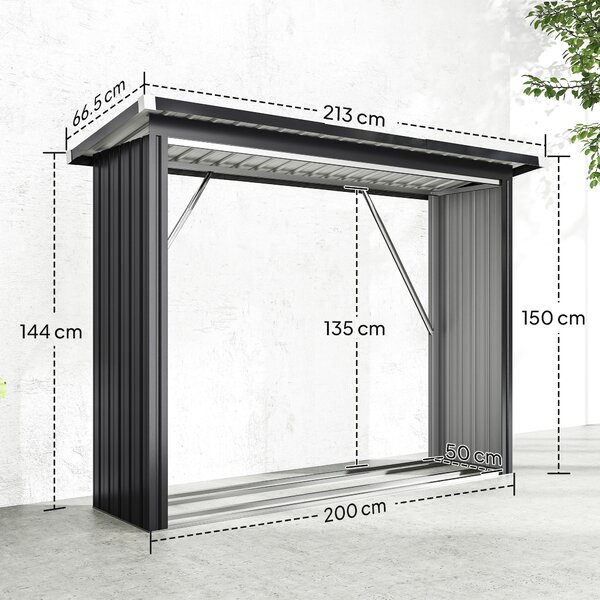 Outsunny Capanno Portalegna in Acciaio da Esterno, Base Rialzata e Tetto Inclinato, 213x66.5x150 cm, Grigio Scuro | Aosom Italy