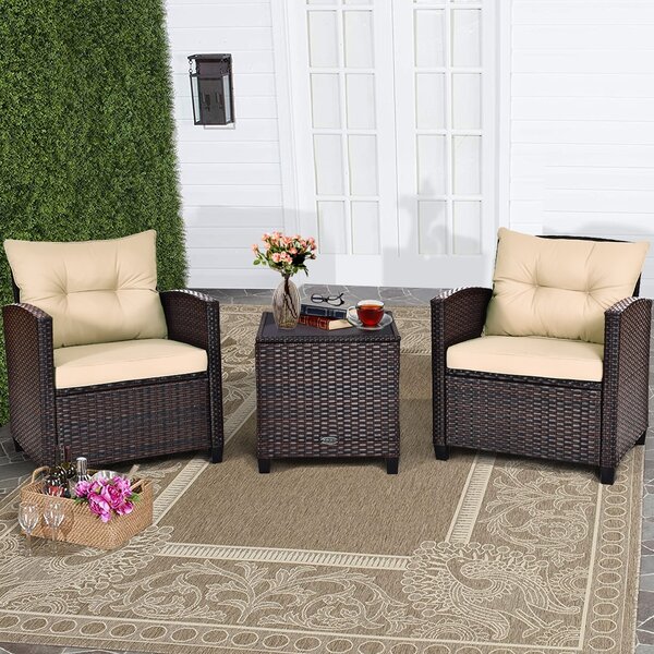 Costway Set 3 pezzi in rattan PE da esterno con cuscino lavabile e superficie in vetro temperato, Set divano da cortile Marrone