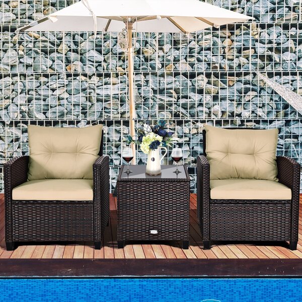 Costway Set 3 pezzi in rattan PE da esterno con cuscino lavabile e superficie in vetro temperato, Set divano da cortile Marrone