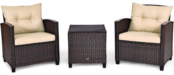 Costway Set 3 pezzi in rattan PE da esterno con cuscino lavabile e superficie in vetro temperato, Set divano da cortile Marrone
