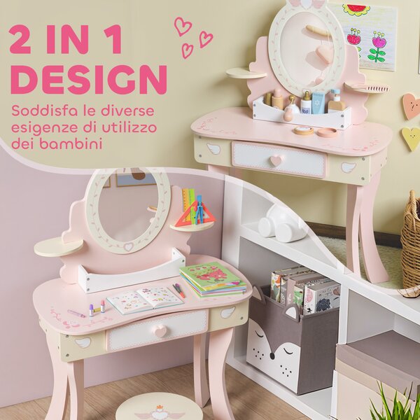 AIYAPLAY Set Toeletta con Specchio e Sgabello in Legno 2 in 1 per Bambini con 7 Accessori Inclusi, Rosa | Aosom Italy