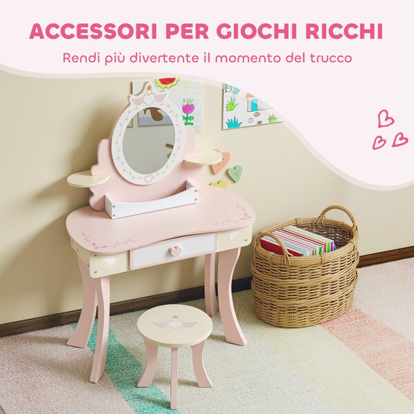 AIYAPLAY Set Toeletta con Specchio e Sgabello in Legno 2 in 1 per Bambini con 7 Accessori Inclusi, Rosa | Aosom Italy