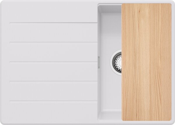 Lavello PRIMAGRAN bianco 70x50 cm, lavello in granito a vasca singola + set di scarico + tagliere, lavello da cucina per mobili base da 40 cm - Copenhagen