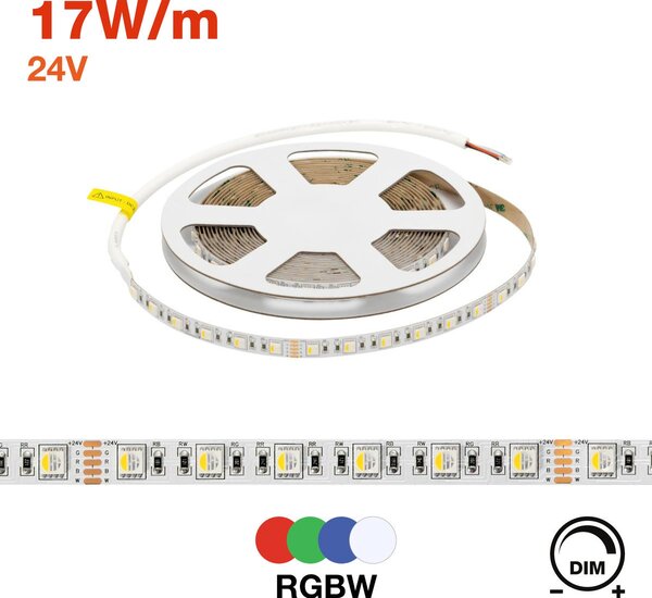 Striscia LED RGBW Multicolore 24V 17W/m Professionale - IP20 - 5 metri