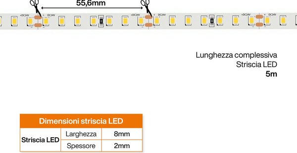 Striscia LED 24V 10W/m Alta Efficienza Professionale - IP20 - 5 metri