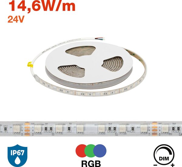 Striscia LED RGB Multicolore 24V 146W/m Professionale - IP67 - 5 metri