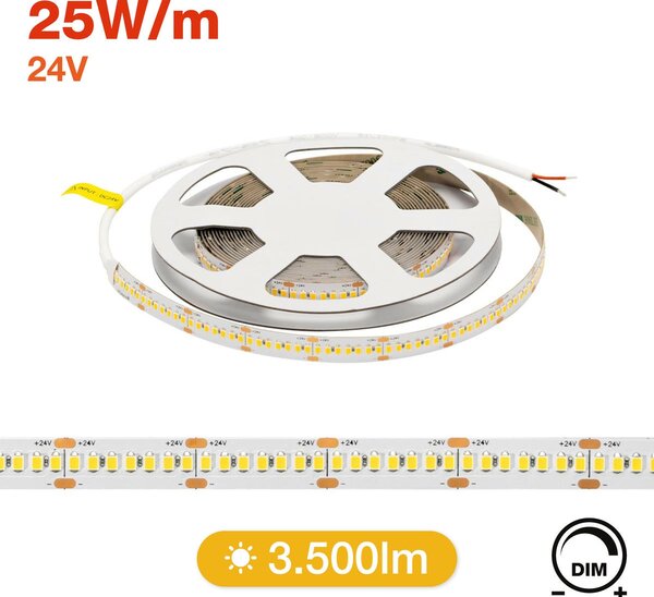 Striscia LED 24V 25W/m Altissima Luminosità Professionale - IP20 - 5 metri