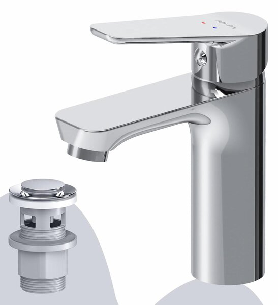 Miscelatore monocomando per lavabo, con finitura resistente ai graffi e sistema di scarico a tappo a pressione