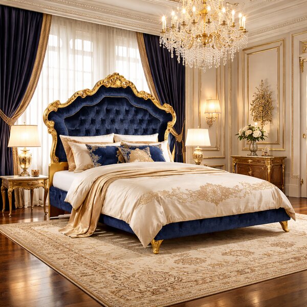 Letto Matrimoniale Vanity Barocco - Velluto e Foglia Oro - Artigianato Italiano di Lusso