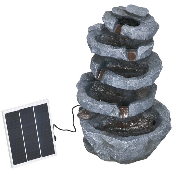 Outsunny Fontana da Giardino a Energia Solare in Cascata a 5 Livelli, con Luci LED e Pompa, in Resina, Grigio | Aosom Italy
