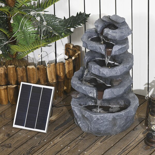 Outsunny Fontana da Giardino a Energia Solare in Cascata a 5 Livelli, con Luci LED e Pompa, in Resina, Grigio | Aosom Italy