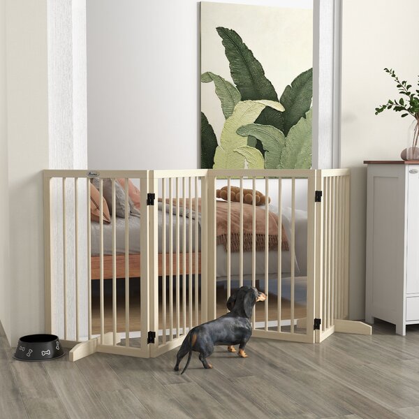 PawHut Cancelletto di Sicurezza Modulabile Pieghevole per Cani con Piede di Supporto, in Legno Massiccio, 206x35,5x76 cm, Color Legno Naturale | Aosom Italy