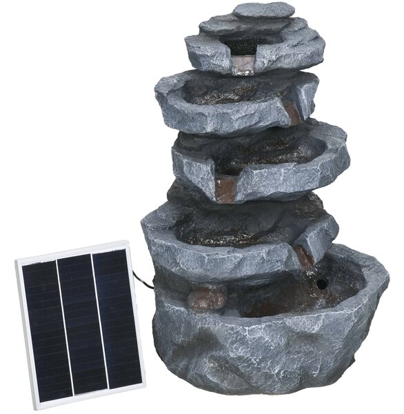 Outsunny Fontana da Giardino a Energia Solare in Cascata a 5 Livelli, con Luci LED e Pompa, in Resina, Grigio | Aosom Italy