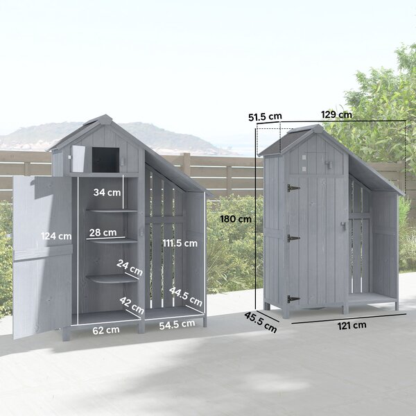 Outsunny Armadio da Giardino con Tetto in Asfalto, Resistente alle Intemperie, in Legno, 129x51,5x180 cm, Grigio | Aosom Italy