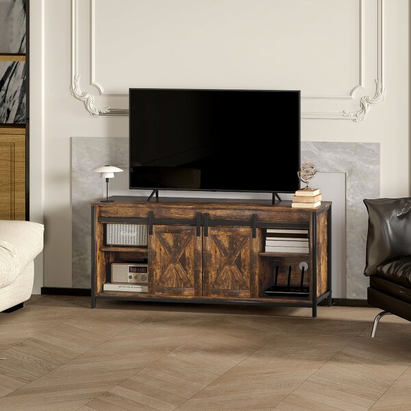 HOMCOM Mobile TV Basso per TV fino a 152,4 cm con 6 Scomparti e 2 Porte Scorrevoli, Design Industriale, 43x31x86 cm, Marrone e Nero | Aosom Italy