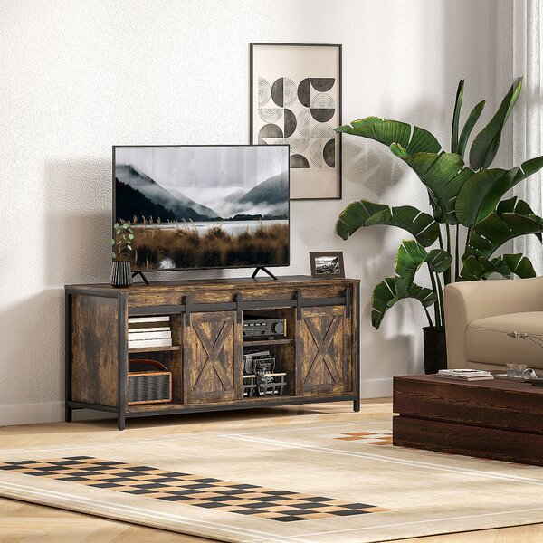 HOMCOM Mobile TV Basso per TV fino a 152,4 cm con 6 Scomparti e 2 Porte Scorrevoli, Design Industriale, 43x31x86 cm, Marrone e Nero | Aosom Italy