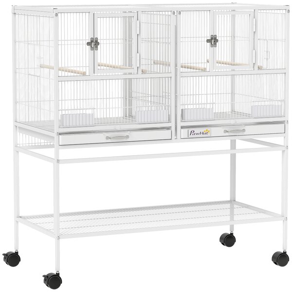 PawHut Gabbia per Uccelli Grande con Divisore, Ruote, 4 Contenitori, 4 Posatoi, Ripiano e 2 Vassoi Estraibili, 95x45,5x102 cm, Bianco | Aosom Italy