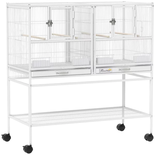 PawHut Gabbia per Uccelli Grande con Divisore, Ruote, 4 Contenitori, 4 Posatoi, Ripiano e 2 Vassoi Estraibili, 95x45,5x102 cm, Bianco | Aosom Italy