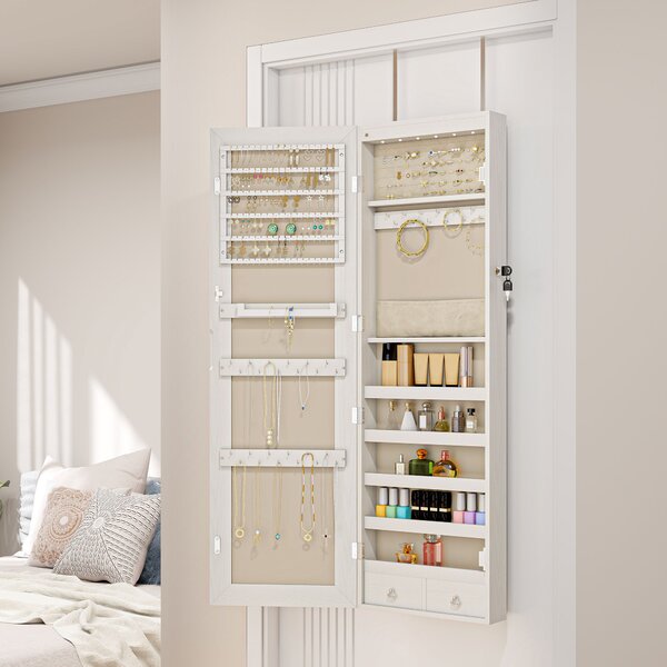 HOMCOM Armadio Portagioie con Luce LED e Specchio Montabile a Parete o su Porta, 37x10x120 cm, Bianco | Aosom Italy