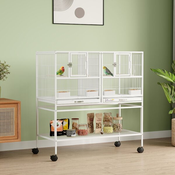 PawHut Gabbia per Uccelli Grande con Divisore, Ruote, 4 Contenitori, 4 Posatoi, Ripiano e 2 Vassoi Estraibili, 95x45,5x102 cm, Bianco | Aosom Italy