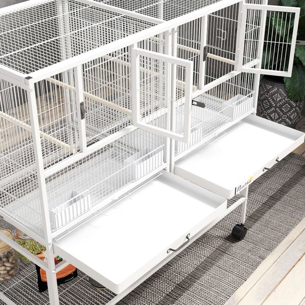 PawHut Gabbia per Uccelli Grande con Divisore, Ruote, 4 Contenitori, 4 Posatoi, Ripiano e 2 Vassoi Estraibili, 95x45,5x102 cm, Bianco | Aosom Italy