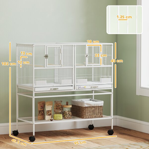 PawHut Gabbia per Uccelli Grande con Divisore, Ruote, 4 Contenitori, 4 Posatoi, Ripiano e 2 Vassoi Estraibili, 95x45,5x102 cm, Bianco | Aosom Italy