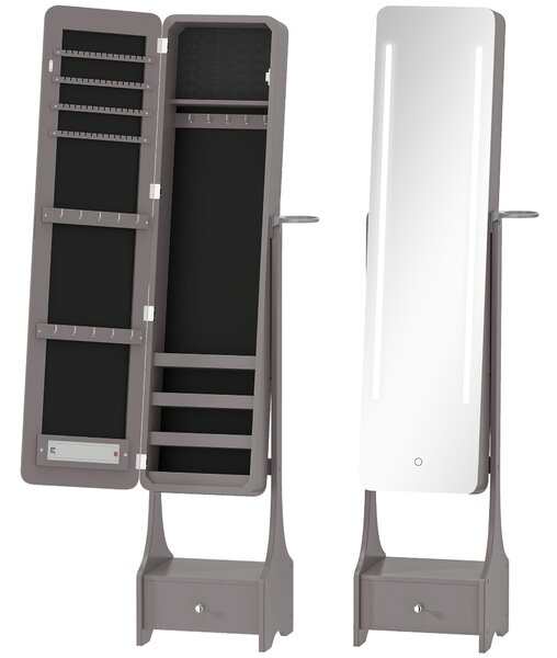 HOMCOM Armadio Portagioie con Luci LED di Spegnimento Automatico, con Specchio a Tutta Altezza di Angolazione Regolabile, Grigio | Aosom Italy