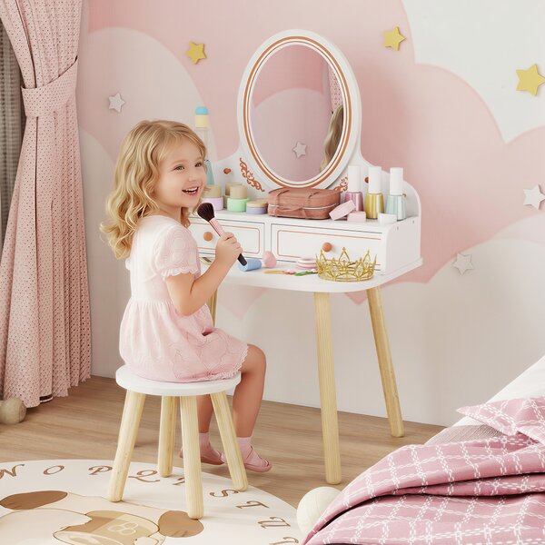 AIYAPLAY Toeletta Trucco per Bambini 3 a 8 Anni, con Sgabello, Specchio, 2 Cassetti e Barre Appendiabiti, Bianco | Aosom Italy