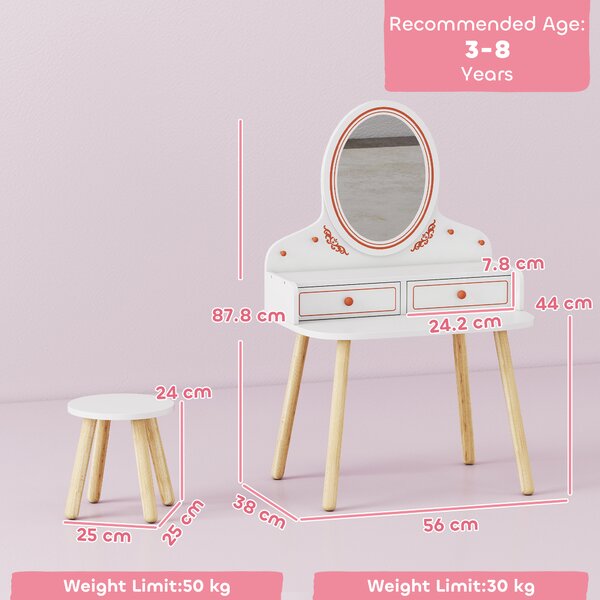 AIYAPLAY Toeletta Trucco per Bambini 3 a 8 Anni, con Sgabello, Specchio, 2 Cassetti e Barre Appendiabiti, Bianco | Aosom Italy