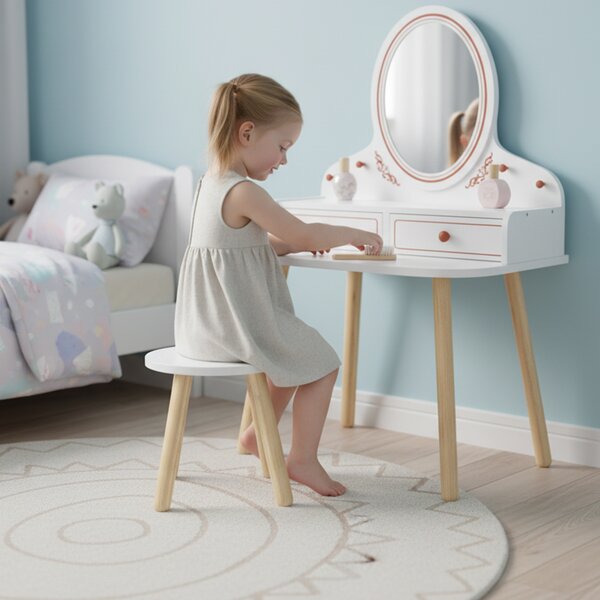 AIYAPLAY Toeletta Trucco per Bambini 3 a 8 Anni, con Sgabello, Specchio, 2 Cassetti e Barre Appendiabiti, Bianco | Aosom Italy