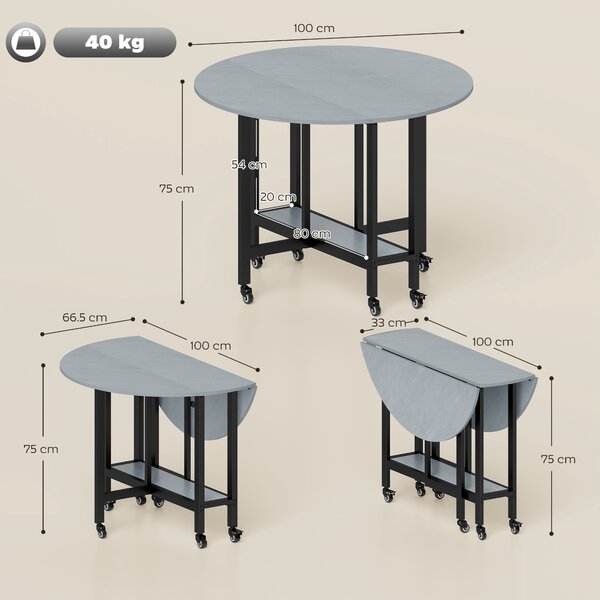 HOMCOM Tavolo da Pranzo Pieghevole con Ruote e Ripiano Aperto, Tavolo da Cucina per Spazi Ridotti, 100x100x75 cm, Grigio Cemento | Aosom Italy