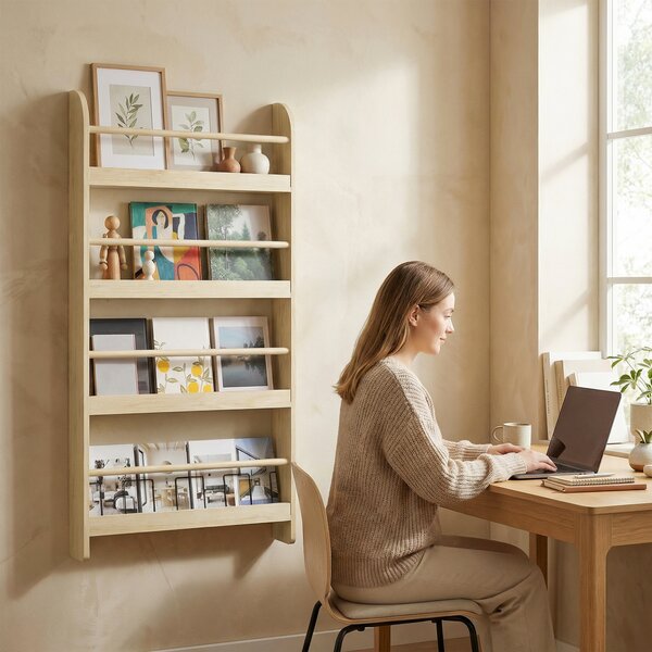 HOMCOM Libreria da Parete con 4 Ripiani per Casa e Ufficio, in Legno, 59x12x113 cm, Color Naturale | Aosom Italy