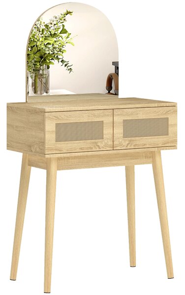HOMCOM Toeletta per Trucco con Specchio ad Arco e 2 Cassetti con Fronte in Rattan, per Spazi Ridotti, Color Naturale | Aosom Italy