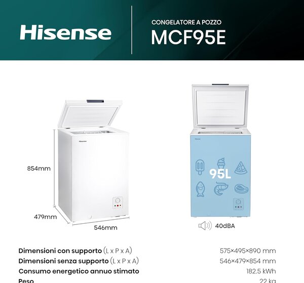 Hisense Congelatore a Pozzetto Orizzontale Capacit 95 Litri Classe energetica E Capacit di congelamento 9,5 kg/24h colore Bianco - MCF95E
