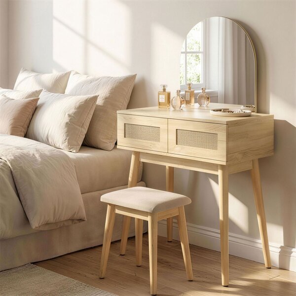 HOMCOM Toeletta per Trucco con Specchio ad Arco e 2 Cassetti con Fronte in Rattan, per Spazi Ridotti, Color Naturale | Aosom Italy