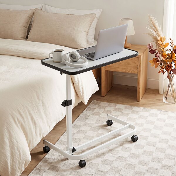 Costway Tavolino da letto con ruote regolabile e inclinabile con barra, Tavolino servitore letto multiuso Bianco