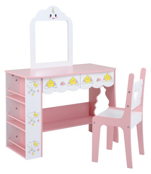 Costway Toilette trucco per bambina specchio a forma di nuvola 2 cassetti libreria a 3 livelli, Tavolo da trucco per cameretta con ripiano aperto