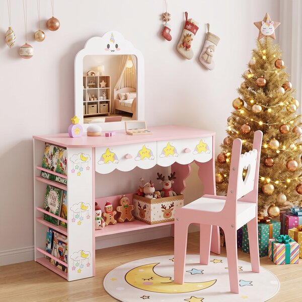Costway Toilette trucco per bambina specchio a forma di nuvola 2 cassetti libreria a 3 livelli, Tavolo da trucco per cameretta con ripiano aperto