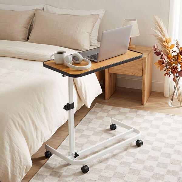 Costway Tavolino da letto con ruote regolabile e inclinabile con barra, Tavolino servitore letto multiuso Naturale