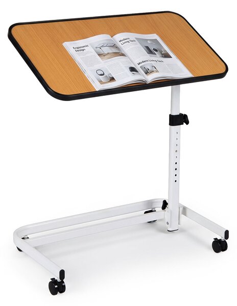 Costway Tavolino da letto con ruote regolabile e inclinabile con barra, Tavolino servitore letto multiuso Naturale
