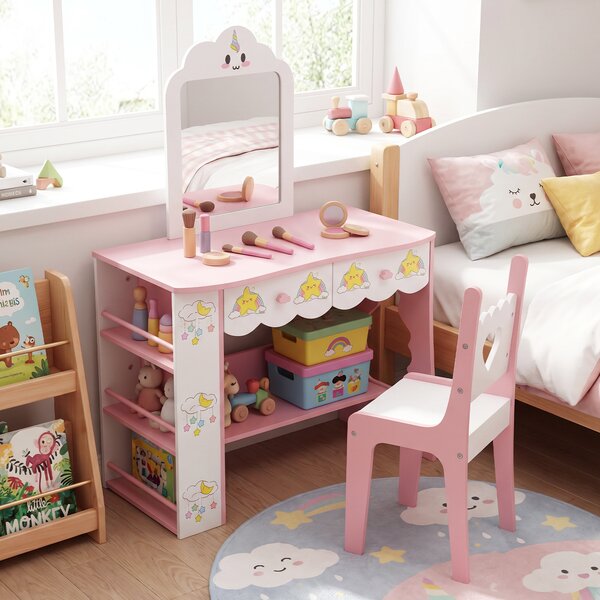 Costway Toilette trucco per bambina specchio a forma di nuvola 2 cassetti libreria a 3 livelli, Tavolo da trucco per cameretta con ripiano aperto