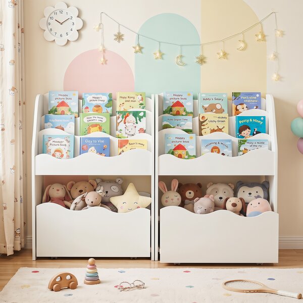 Costway Libreria montessoriana per bambini scaffale a 4 livelli in legno cassetto portagiochi con 4 ruote, Libreria per cameretta e soggiorno Bianco